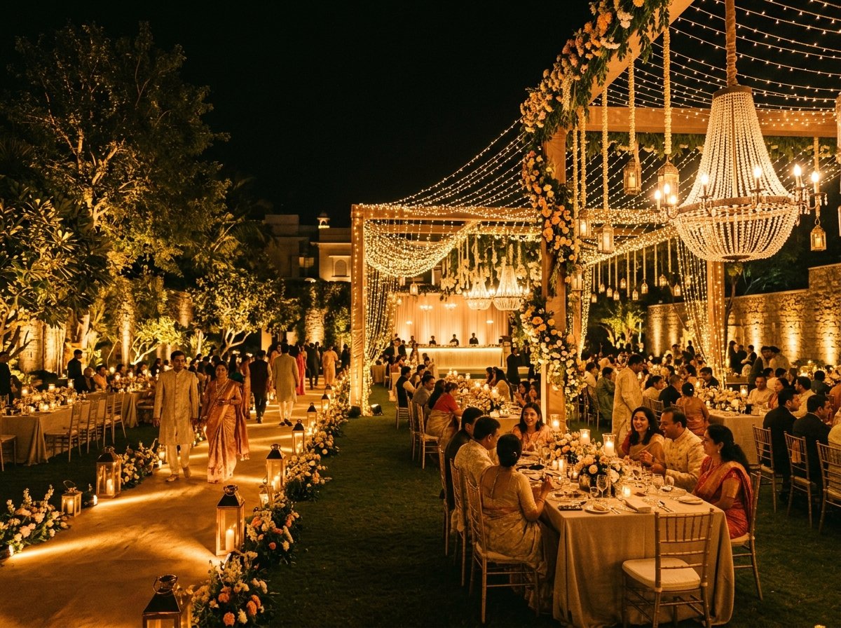 Outdoor evening wedding reception under fairy lights and chandeliers
