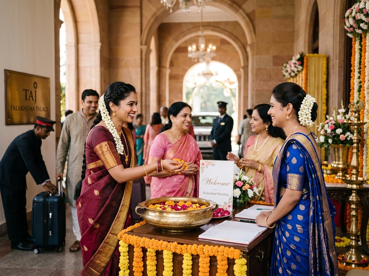 Indian hospitality staff in traditional silk sarees welcoming guests at reception desk