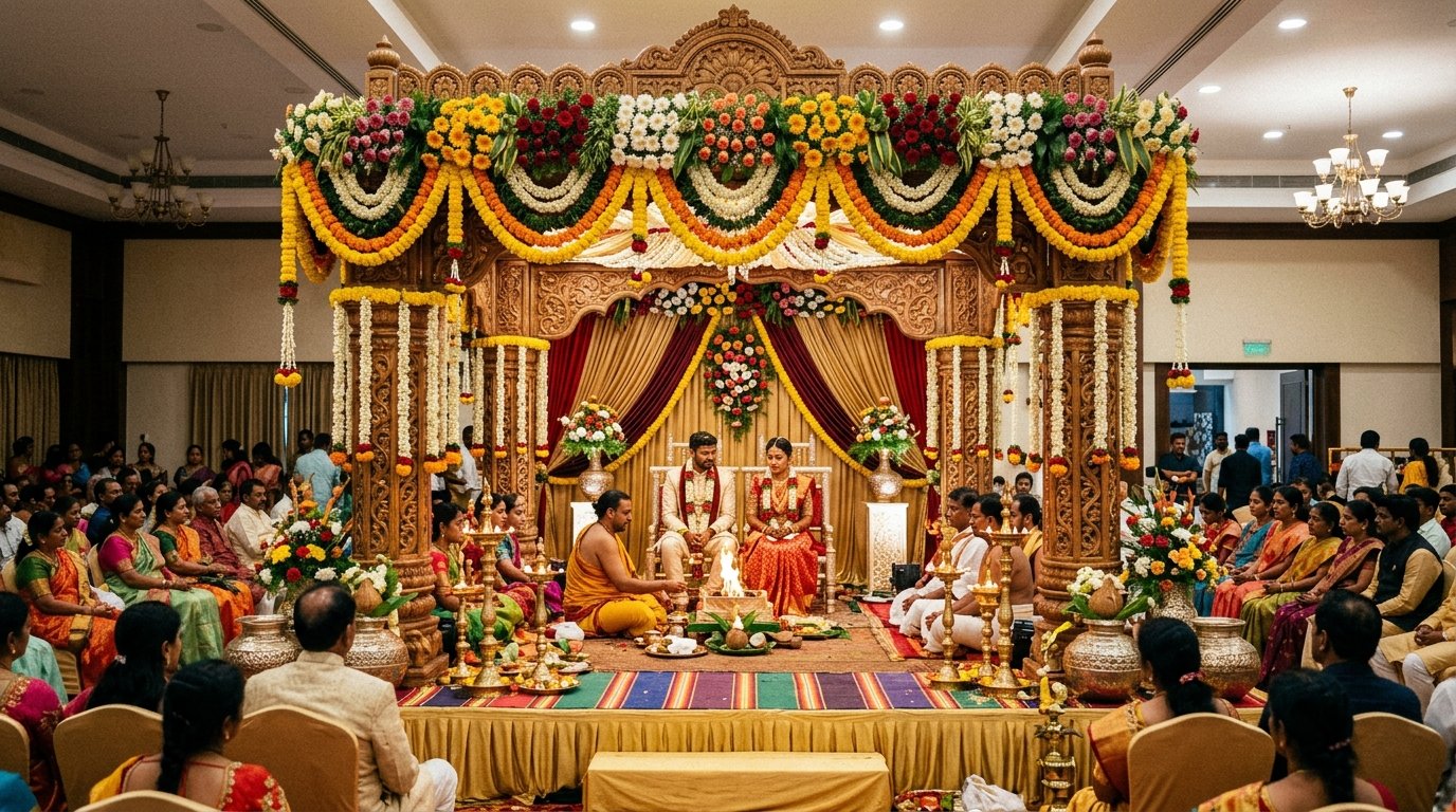 Traditional South Indian wedding mandapam decorated with fresh marigold and jasmine flowers